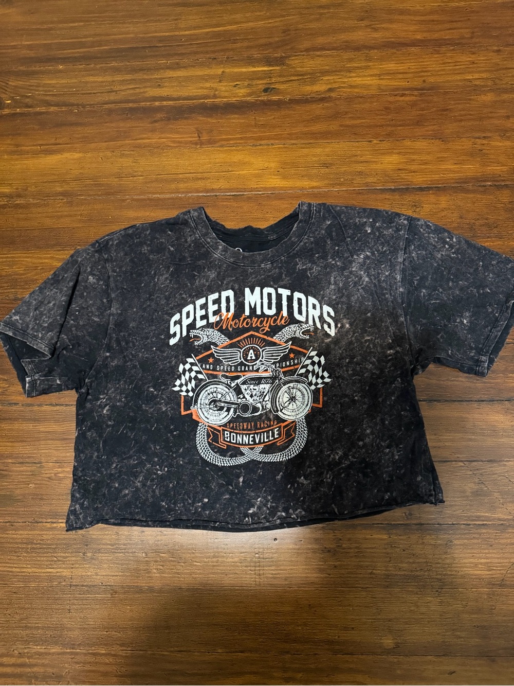 Kids Black Acid-Wash 'Speed Motors' Graphic Crop Tee